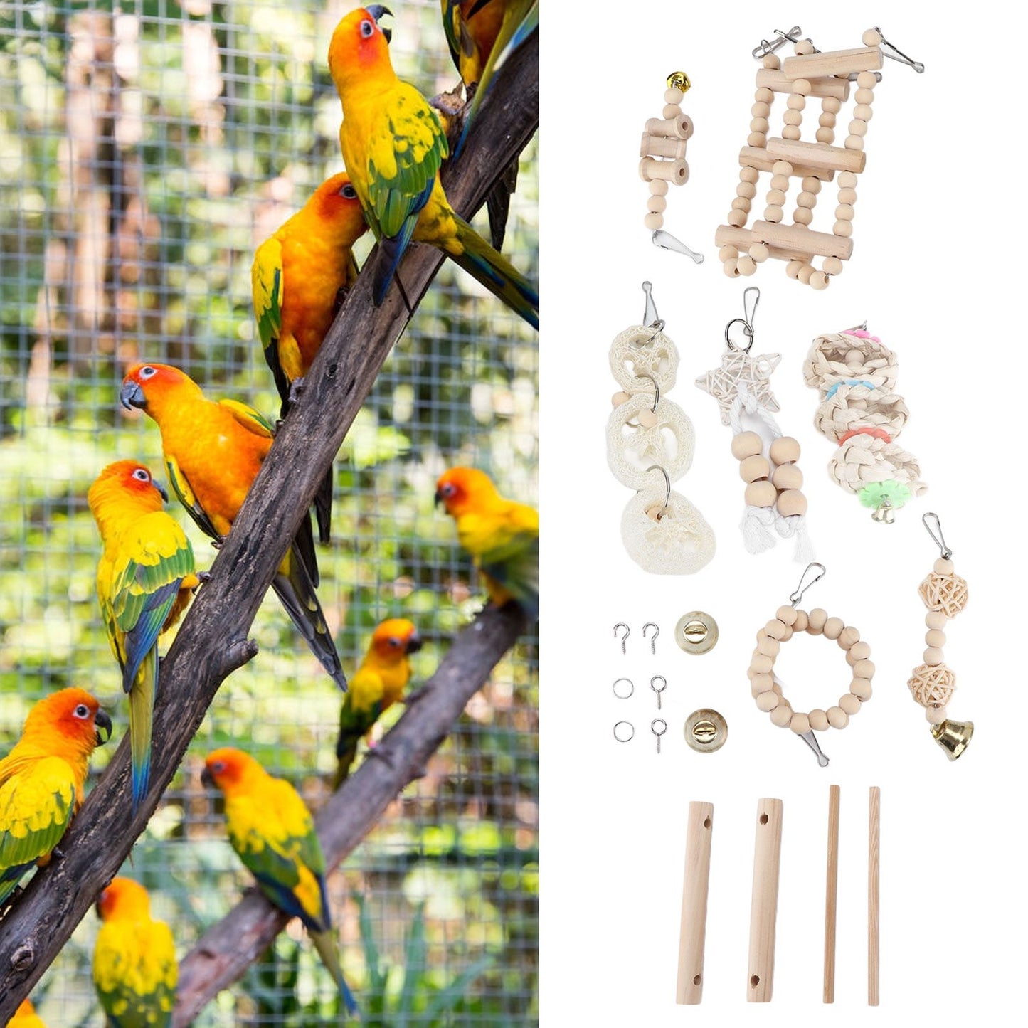 8 Pcs Parrot Toy Wooden Birds Swing Chewing Toy Pet Birds Cage Nest Hanging Toys Spiral Ladders Vertical Roosting Toys