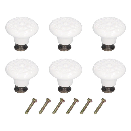 6Pcs Round Ceramic Cabinet Knobs Exquisite Single Hole Pull Handle for Drawer Cupboard DoorWhite