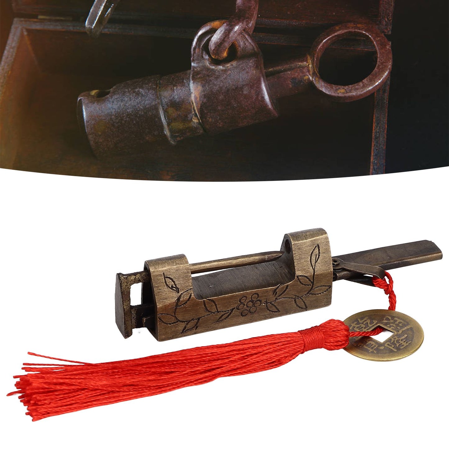 Chinese Antique Lock Retro Classic Pattern Design Bronze Brass Material 5x2cm/2.0x0.8in Horizontal Padlock for Boxes