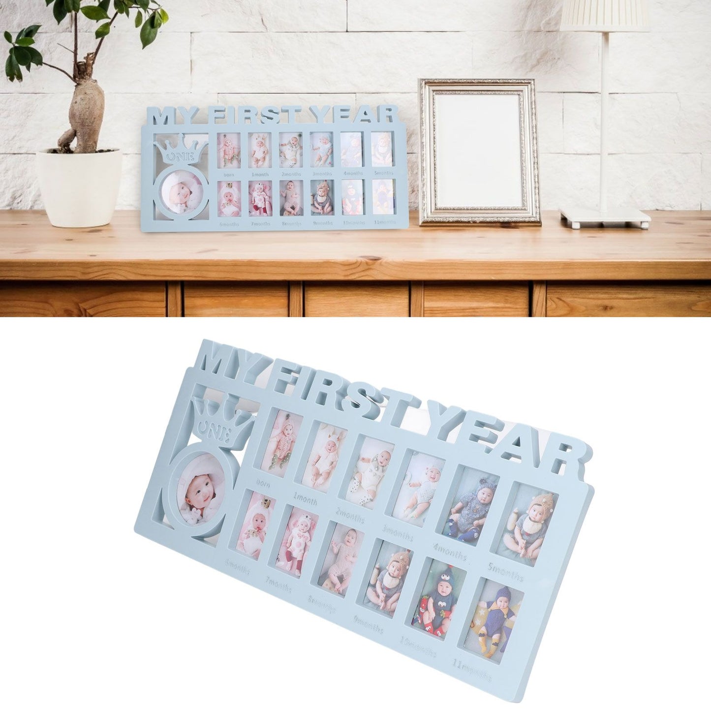 Newborn Photo Frame Durable Polished 12 Small Picture Frames Record Baby's Monthly Growth Baby Photo Frame for GiftBlue