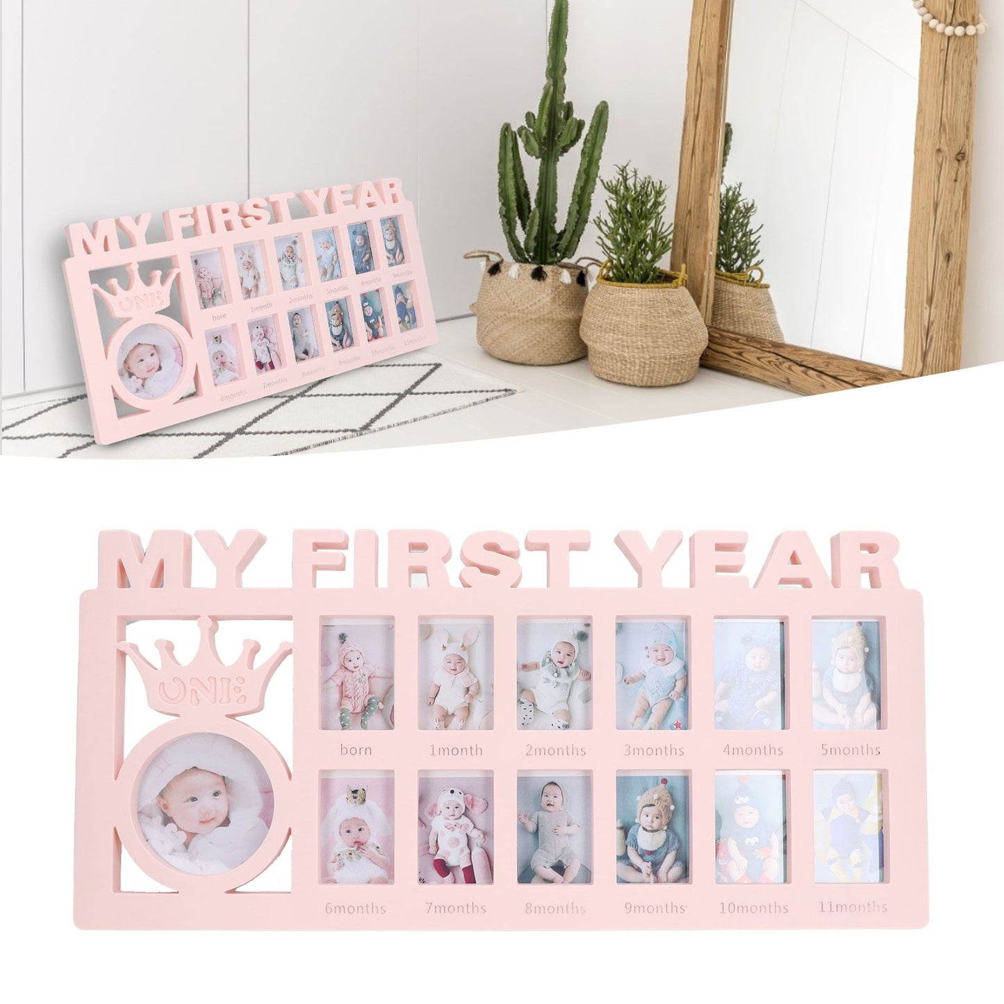 Newborn Photo Frame Durable Polished 12 Small Picture Frames Record Baby's Monthly Growth Baby Photo Frame for GiftPink