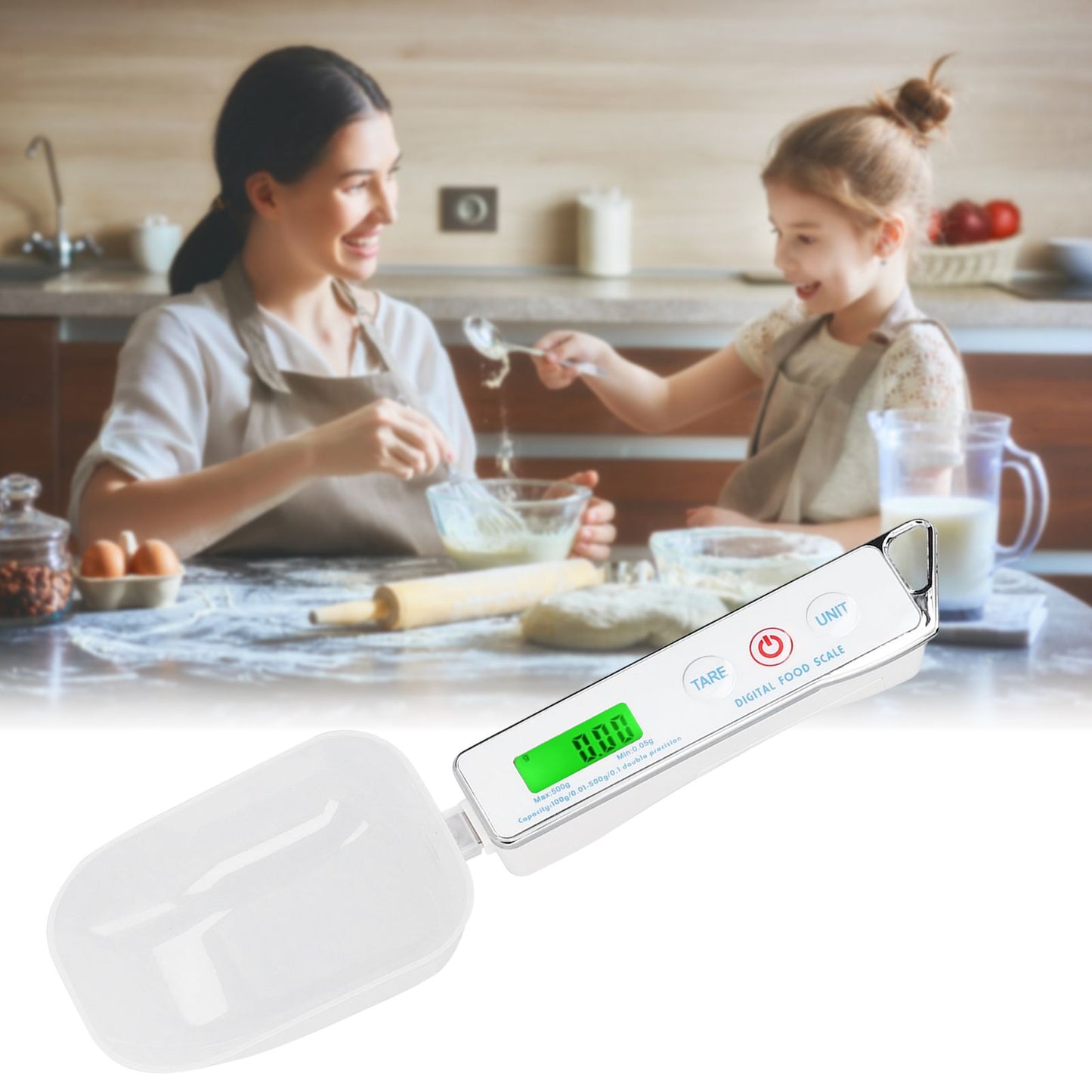 Digital Spoon Scale Household Portable Stainless Steel Kitchen Baking Scale for Flour Tea Spices 500g/0.1gWhite