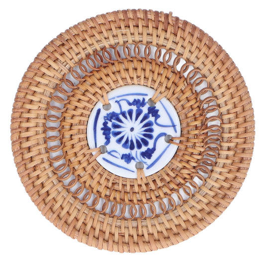 Blue and White Porcelain Coaster Round Woven Rattan Blue White Porcelain Cup Holder for Basil Cups Rattan Cups10cm/3.9in