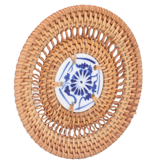 Blue and White Porcelain Coaster Round Woven Rattan Blue White Porcelain Cup Holder for Basil Cups Rattan Cups10cm/3.9in