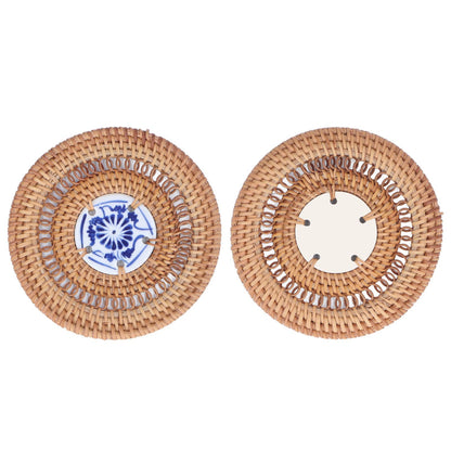 Blue and White Porcelain Coaster Round Woven Rattan Blue White Porcelain Cup Holder for Basil Cups Rattan Cups10cm/3.9in