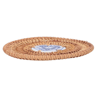 Blue and White Porcelain Coaster Round Woven Rattan Blue White Porcelain Cup Holder for Basil Cups Rattan Cups10cm/3.9in