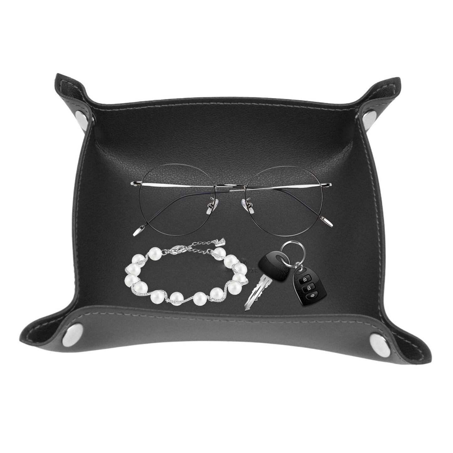 Leather Tray Fashionable Design Artificial Leather Durable Wide Application Mens Valet Tray for Jewelry Watch Key PhoneBlack