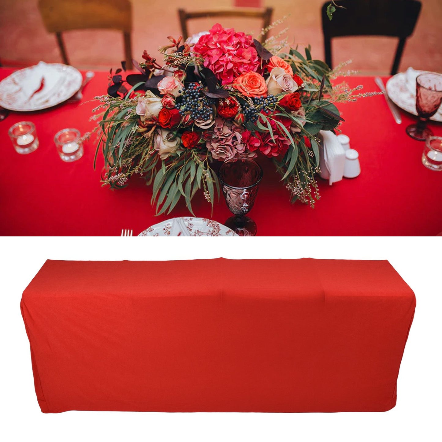 Stretch Spandex Table Cover Good Elasticity Washable Reusable Red Stretchable Tablecloth with 4 Pockets for Wedding Party8FT(244x76x76cm)