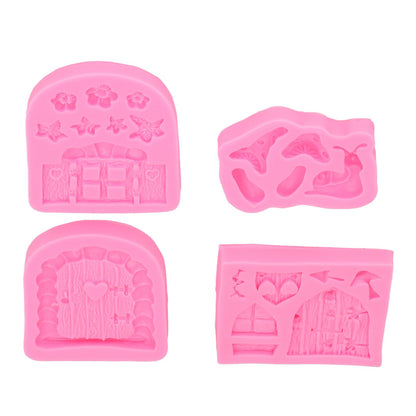 4PCS Enchanted Vintage Fairy Garden Silicone Mold Door Mushroom Flower Pattern Chocolate Molds for Home Bakery