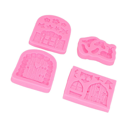 4PCS Enchanted Vintage Fairy Garden Silicone Mold Door Mushroom Flower Pattern Chocolate Molds for Home Bakery