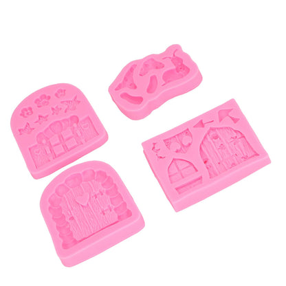 4PCS Enchanted Vintage Fairy Garden Silicone Mold Door Mushroom Flower Pattern Chocolate Molds for Home Bakery