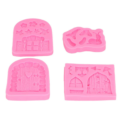 4PCS Enchanted Vintage Fairy Garden Silicone Mold Door Mushroom Flower Pattern Chocolate Molds for Home Bakery