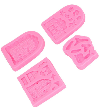4PCS Enchanted Vintage Fairy Garden Silicone Mold Door Mushroom Flower Pattern Chocolate Molds for Home Bakery