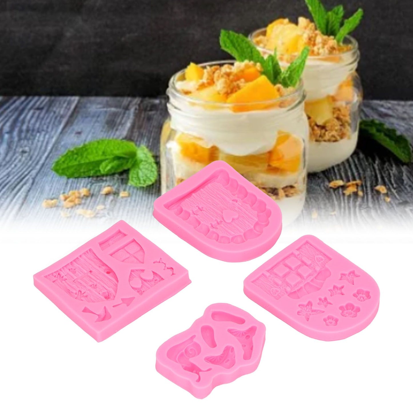 4PCS Enchanted Vintage Fairy Garden Silicone Mold Door Mushroom Flower Pattern Chocolate Molds for Home Bakery