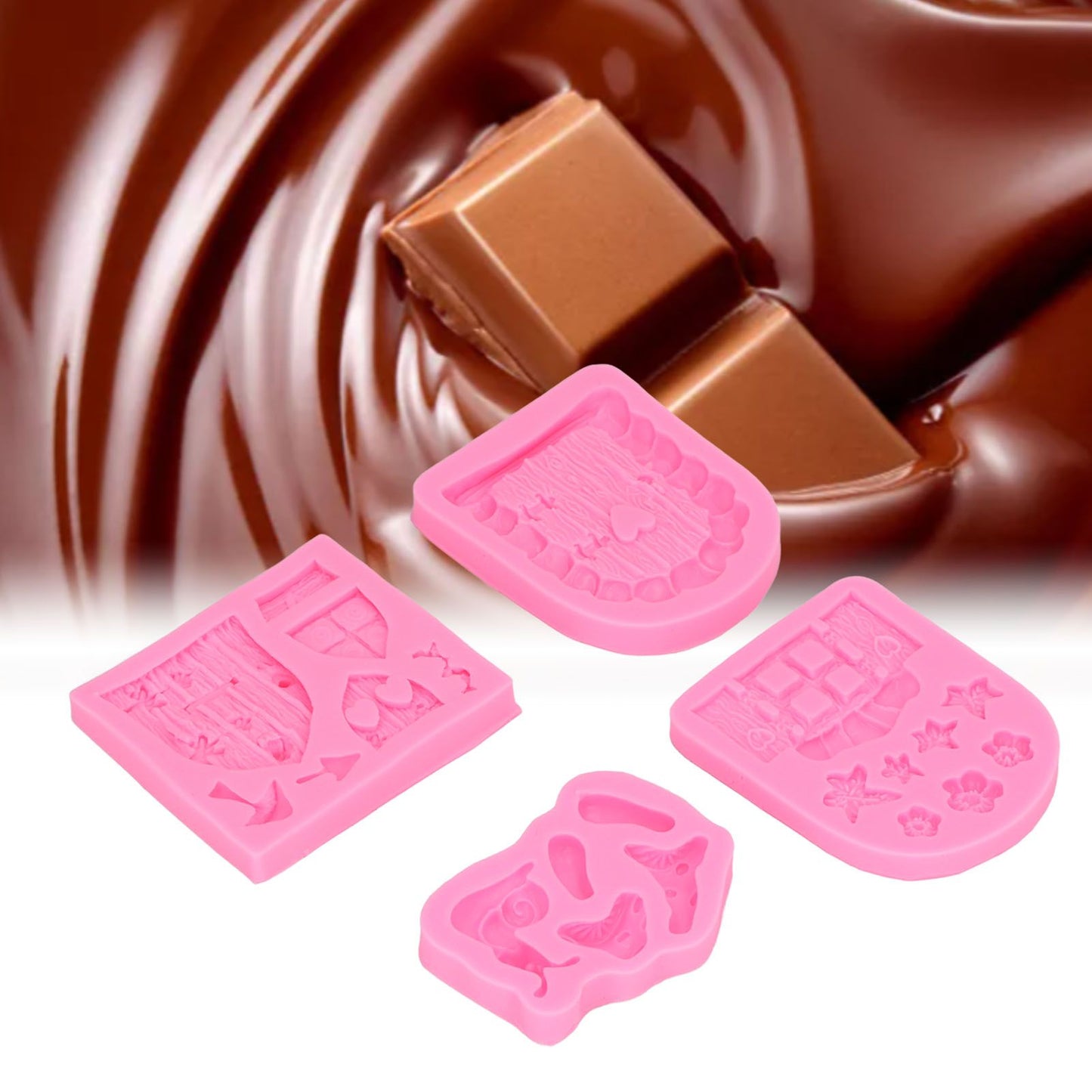 4PCS Enchanted Vintage Fairy Garden Silicone Mold Door Mushroom Flower Pattern Chocolate Molds for Home Bakery