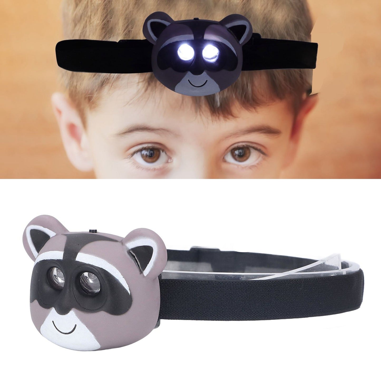 Kids Headlamp Raccoon Appearance 2 Lighting Modes Lightweight Battery Powered Plastic LED Headlight for Children