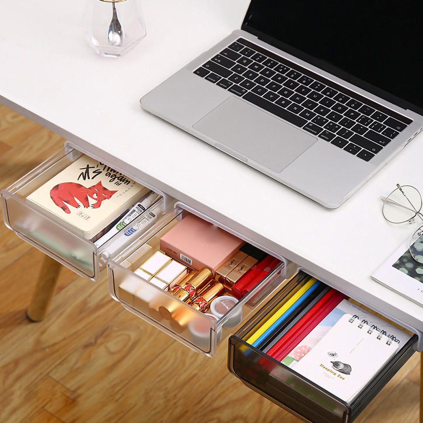 Under Desk Storage Box No Punching Storage ABS PS Small Hidden Drawer For Dormitory Small Transparent White