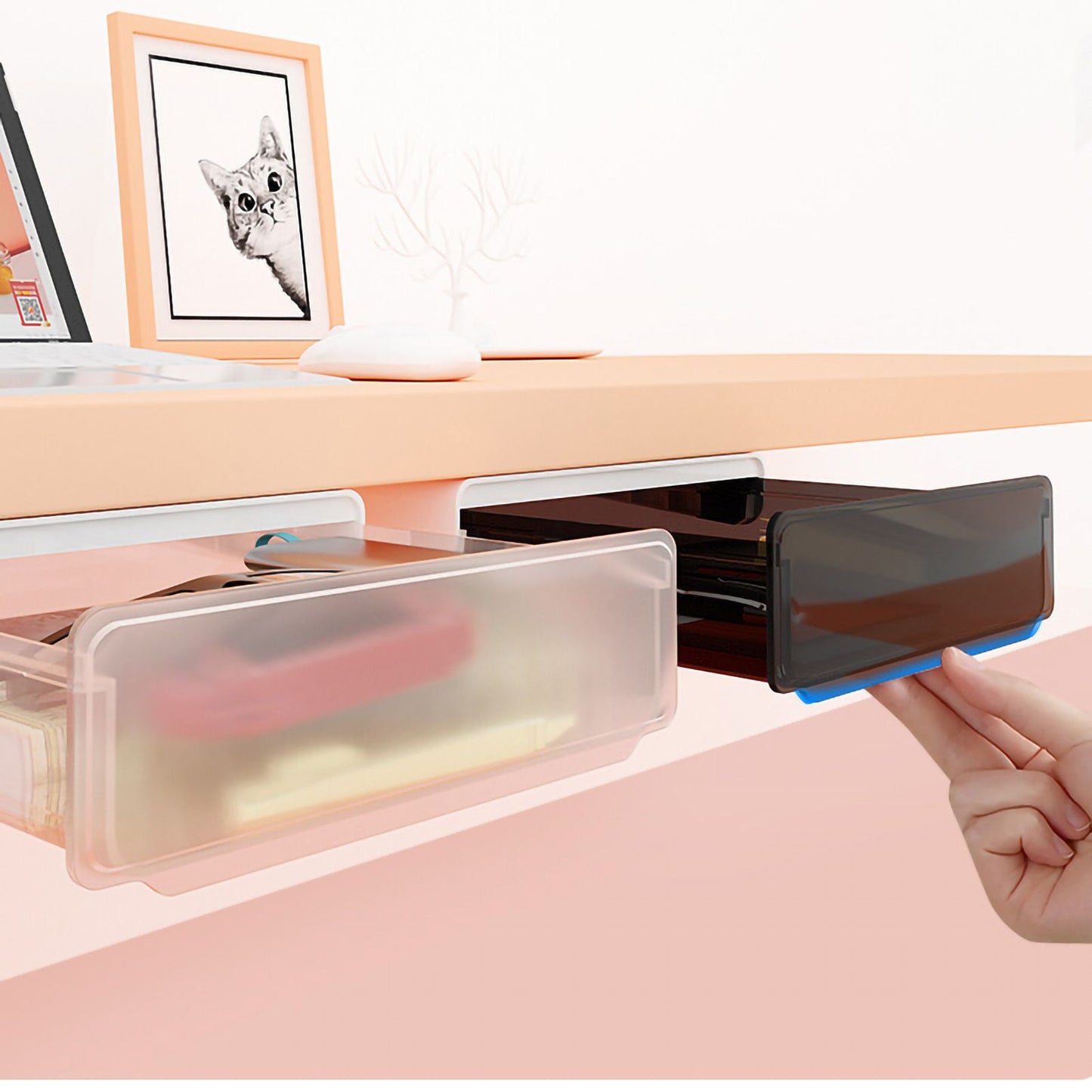 Under Desk Storage Box No Punching Storage ABS PS Small Hidden Drawer For Dormitory Small Transparent White