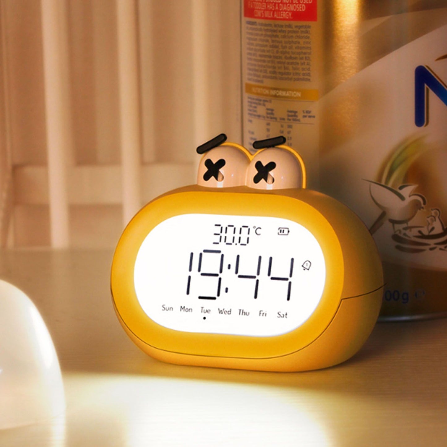 Kids Alarm Clock Cartoon Cute Intelligent Battery Operated Digital LED Electronic Clock with Night Light Yellow