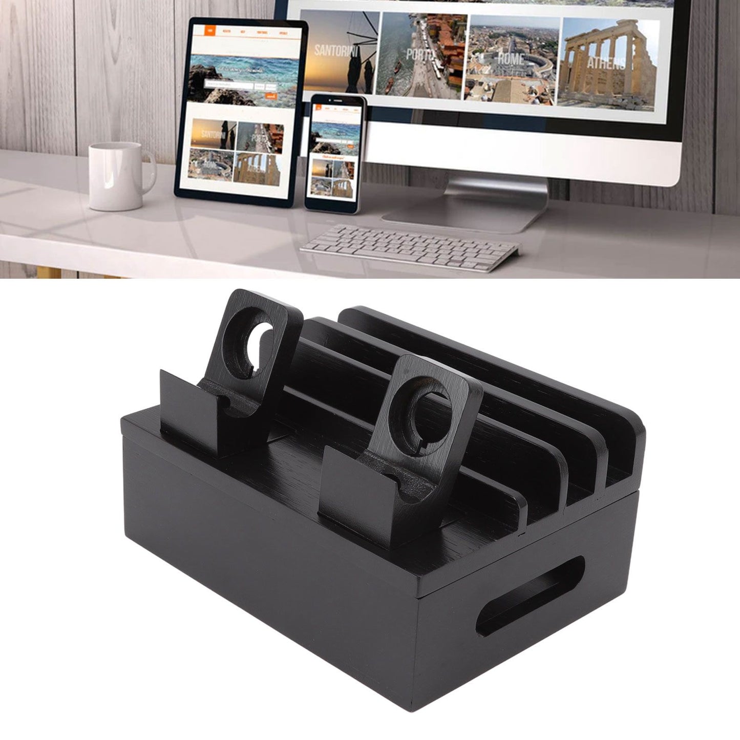 Bamboo Charging Station Multifunction 5 Ports Charging Station Rack for Phones Tablets Watches Electronics Black