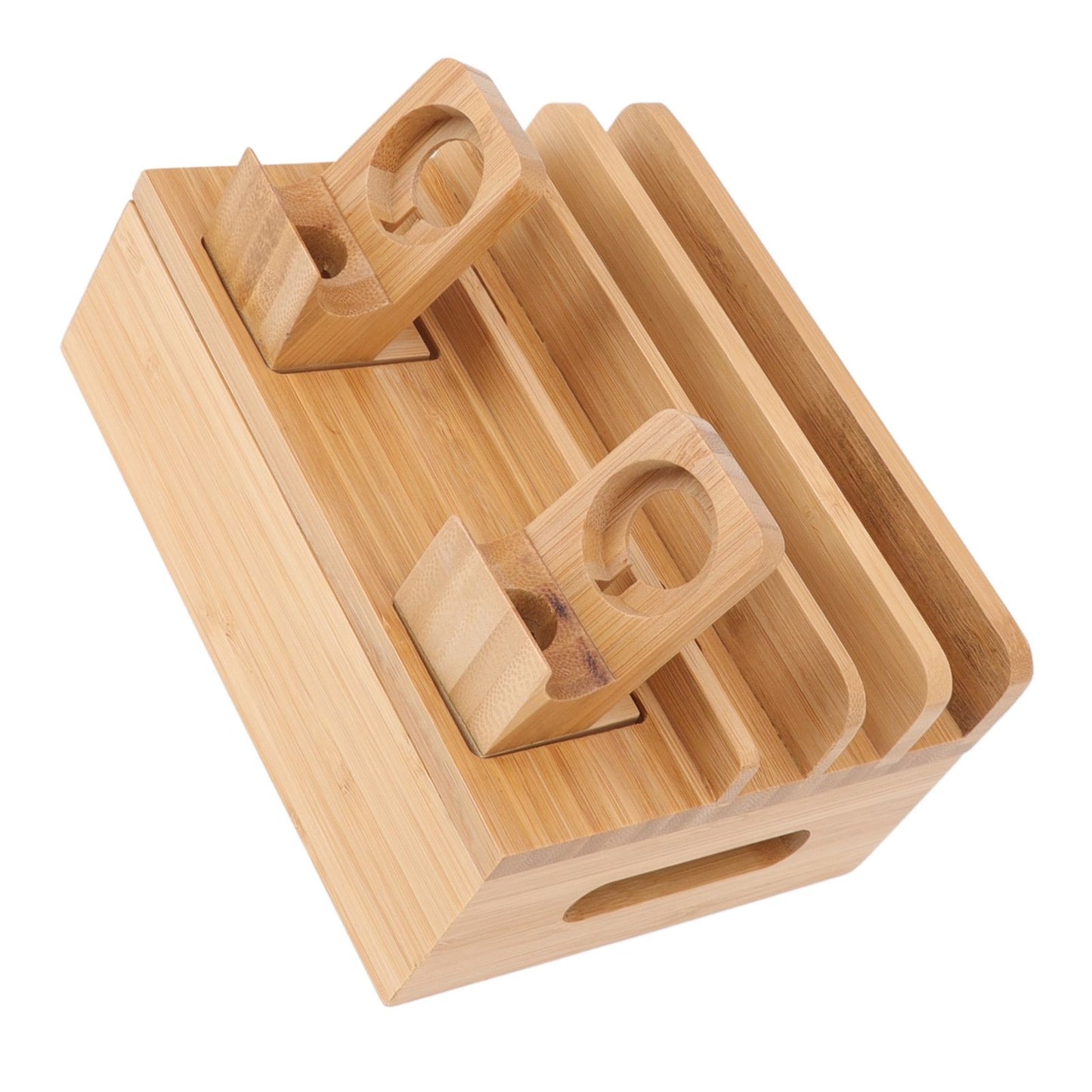 Bamboo Charging Station Multifunction 5 Ports Charging Station Rack for Phones Tablets Watches Electronics Natural Color
