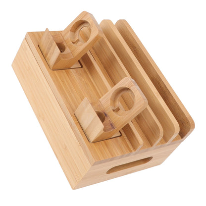 Bamboo Charging Station Multifunction 5 Ports Charging Station Rack for Phones Tablets Watches Electronics Natural Color