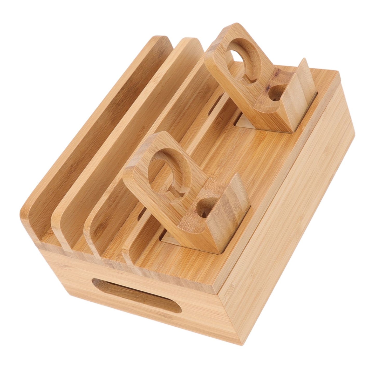 Bamboo Charging Station Multifunction 5 Ports Charging Station Rack for Phones Tablets Watches Electronics Natural Color