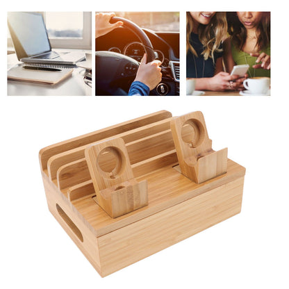 Bamboo Charging Station Multifunction 5 Ports Charging Station Rack for Phones Tablets Watches Electronics Natural Color