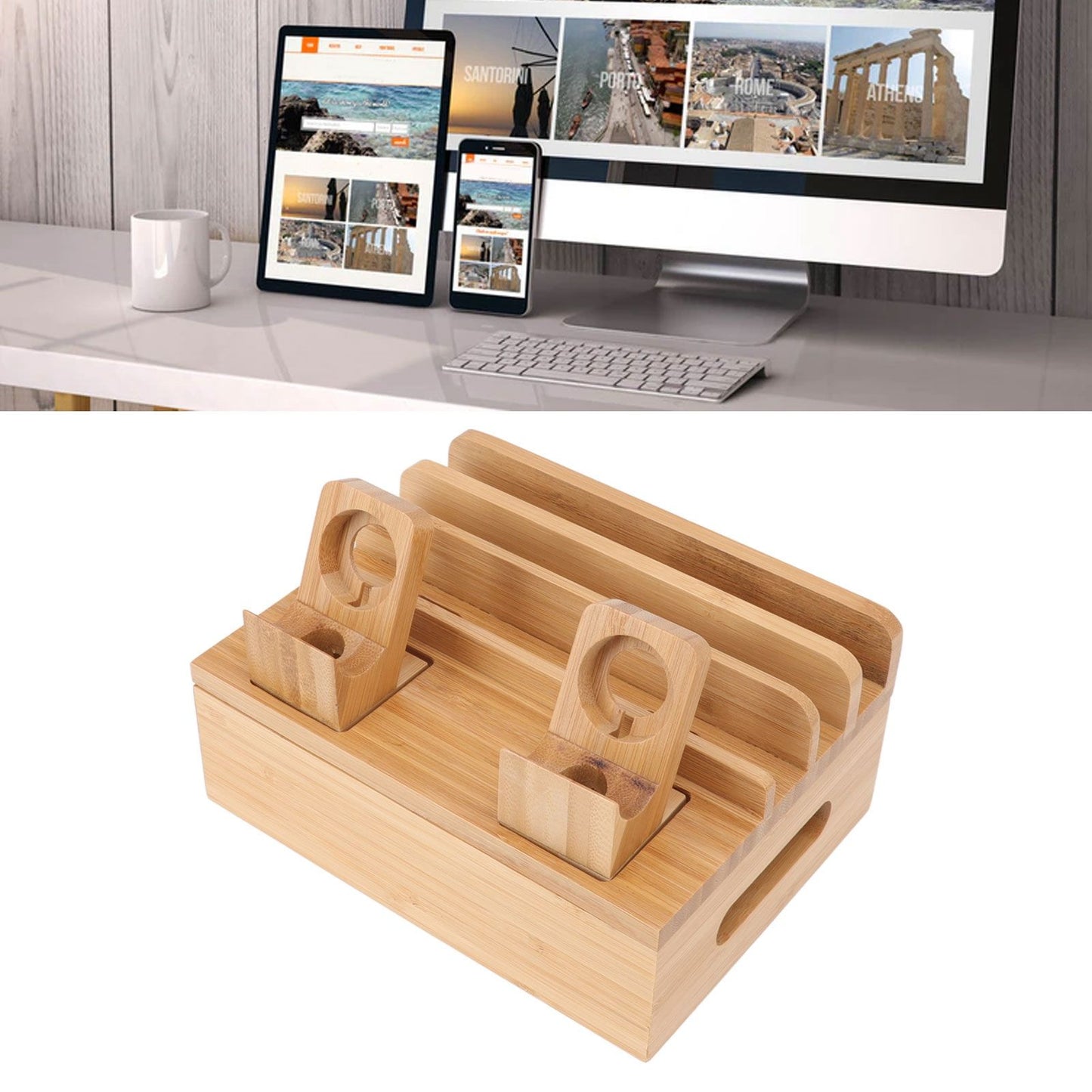 Bamboo Charging Station Multifunction 5 Ports Charging Station Rack for Phones Tablets Watches Electronics Natural Color
