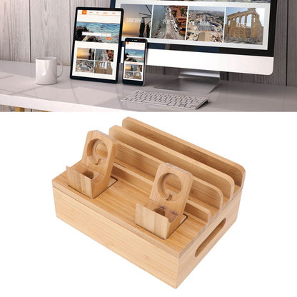 Bamboo Charging Station Multifunction 5 Ports Charging Station Rack for Phones Tablets Watches Electronics Natural Color