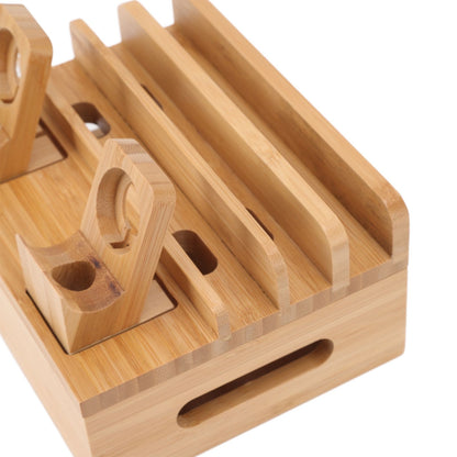 Bamboo Charging Station Multifunction 5 Ports Charging Station Rack for Phones Tablets Watches Electronics Natural Color