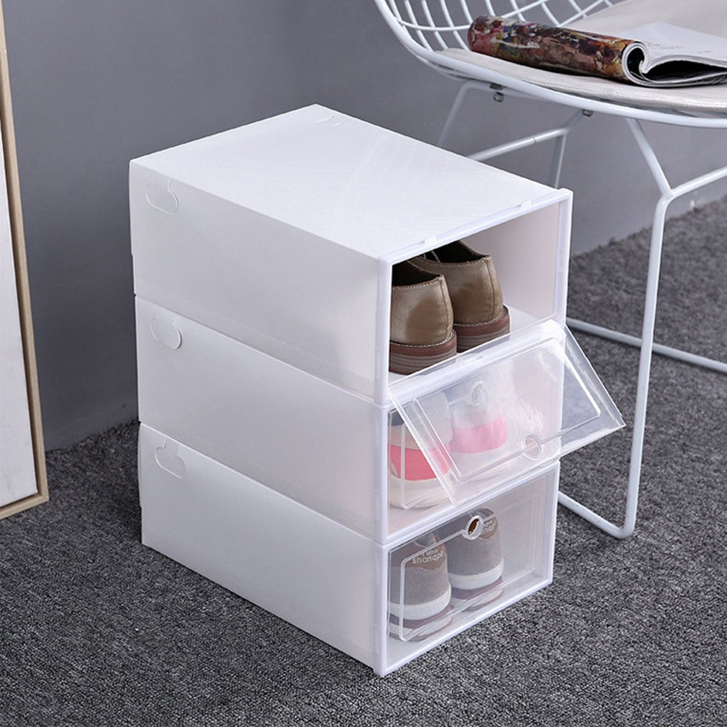 6PCS Shoe Storage Box Large White Thickened Transparent Clamshell Shoe Organizer Case for Home