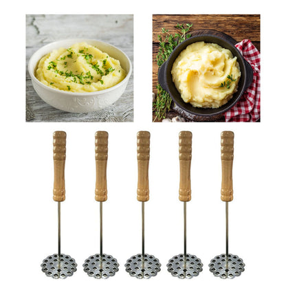 5pcs Potato Masher Portable Stainless Steel Wooden Handle Manual Spud Smasher Kitchen Tool