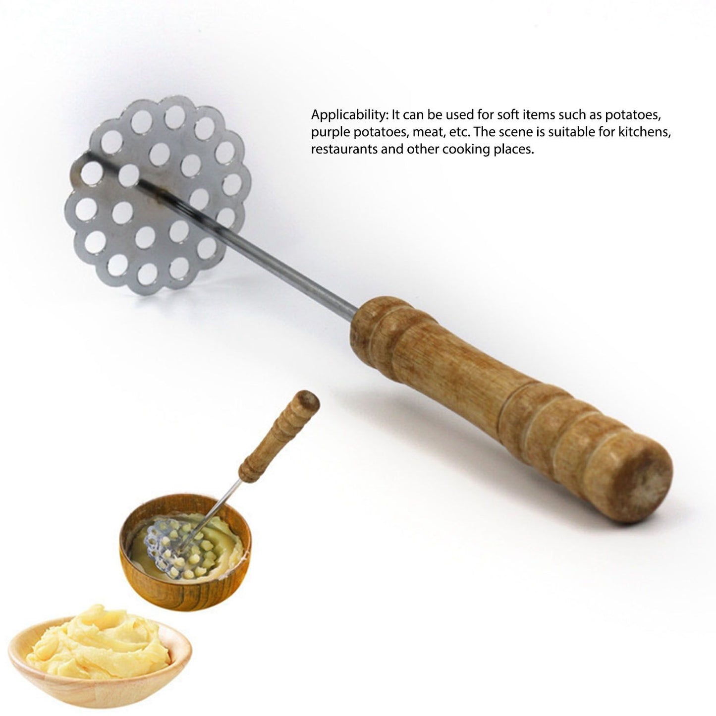 5pcs Potato Masher Portable Stainless Steel Wooden Handle Manual Spud Smasher Kitchen Tool