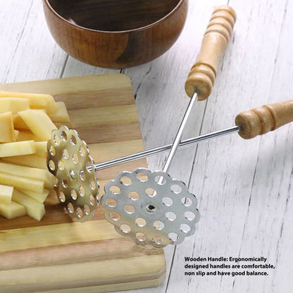 5pcs Potato Masher Portable Stainless Steel Wooden Handle Manual Spud Smasher Kitchen Tool