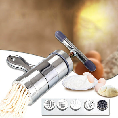 Manual Press Pasta Machine Stainless Steel Hand Wringing Noodles Making Machine with 5 Noodle Mould