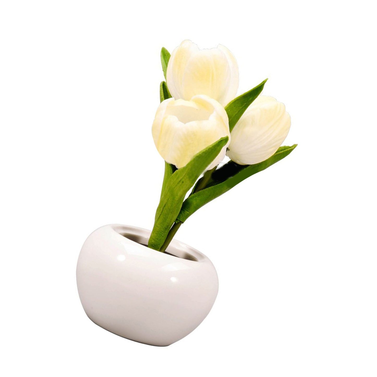 Tulip Night Light Soft Light Exquisite Ceramics PU Flower Table Lamp for Bookstores Cafes Battery Powered Ceramic Base White