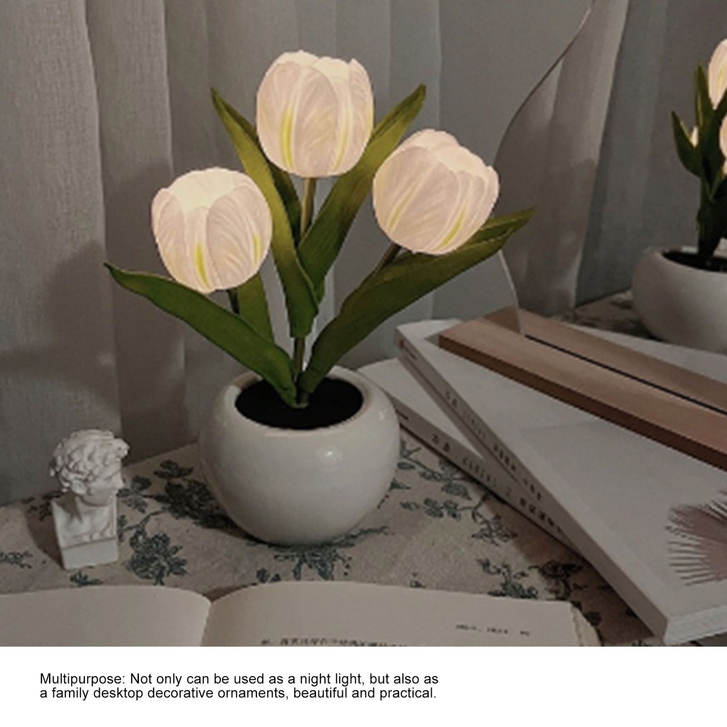 Tulip Night Light Soft Light Exquisite Ceramics PU Flower Table Lamp for Bookstores Cafes Battery Powered Ceramic Base White