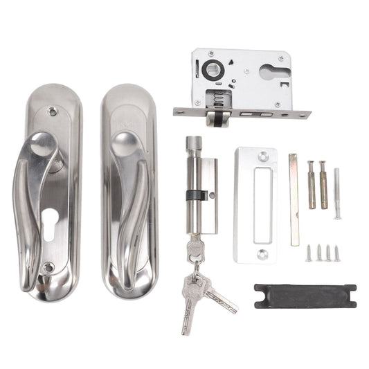 Door Entry Handle Set Stainless Steel Plate Door Lever Cylinder Lock Keys Kit for Household