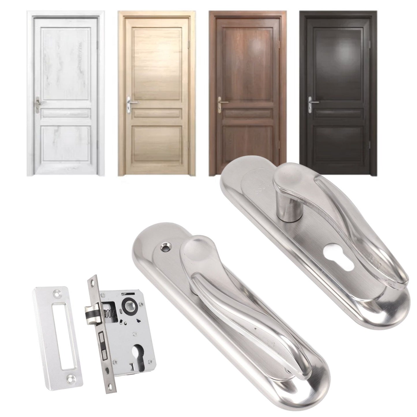 Door Entry Handle Set Stainless Steel Plate Door Lever Cylinder Lock Keys Kit for Household