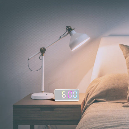 White Digital Alarm Clock with LED Mirror Screen Fashion Electronic Large Screen Clock for Home Bedroom Office