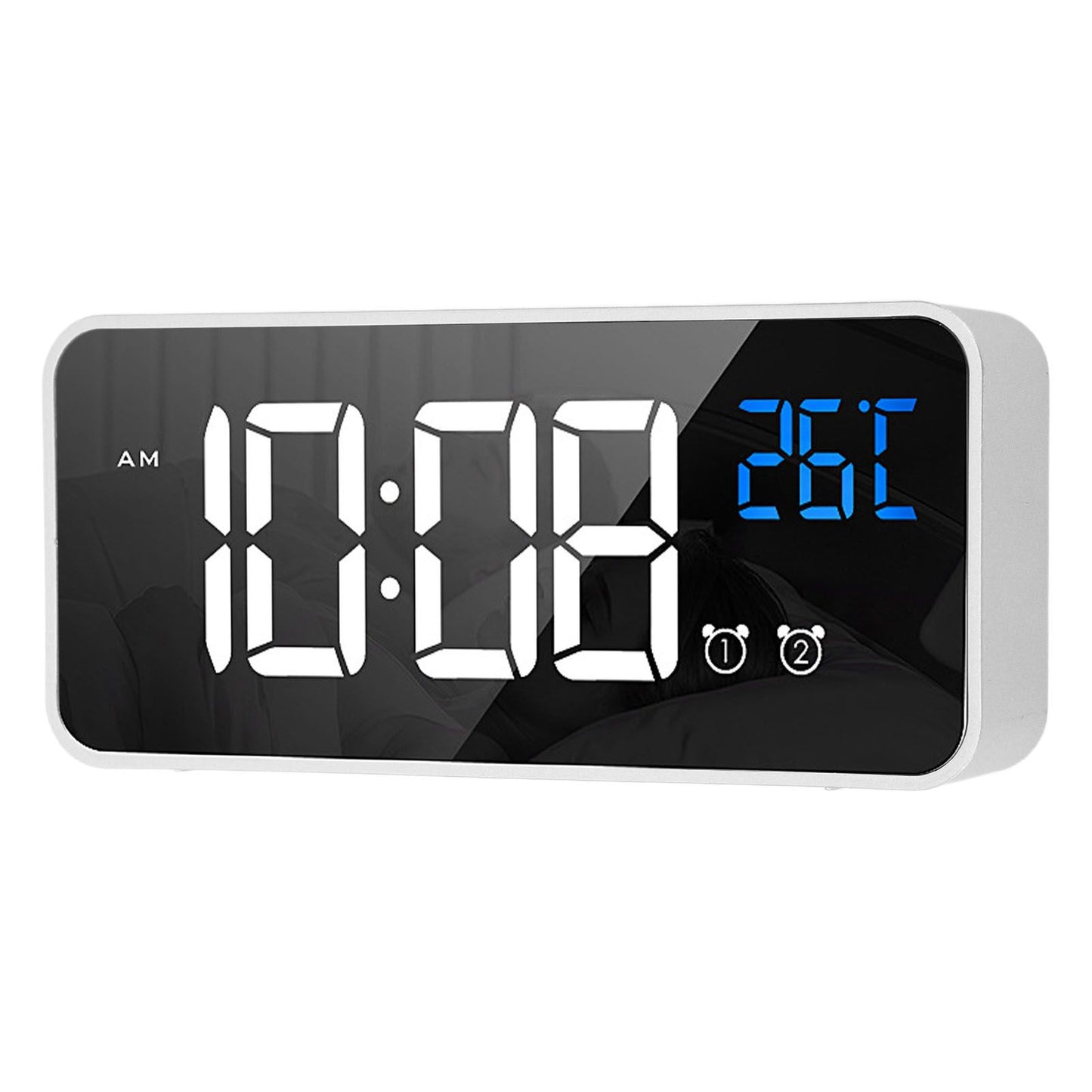 Mirror LED Alarm Clock Two Sets of Alarm Rechargeable Voice Activated Digital Clock for Bedrooms Bedside Desk Silver