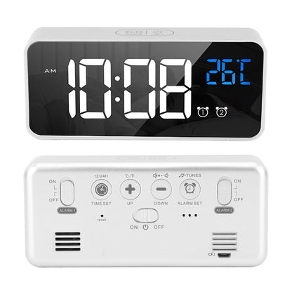 Mirror LED Alarm Clock Two Sets of Alarm Rechargeable Voice Activated Digital Clock for Bedrooms Bedside Desk Silver