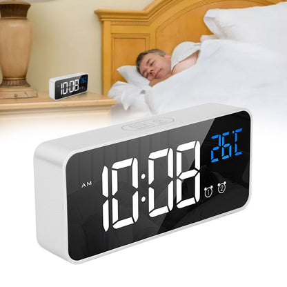 Mirror LED Alarm Clock Two Sets of Alarm Rechargeable Voice Activated Digital Clock for Bedrooms Bedside Desk Silver