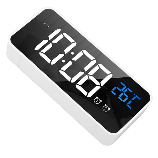 Mirror LED Alarm Clock Two Sets of Alarm Rechargeable Voice Activated Digital Clock for Bedrooms Bedside Desk White