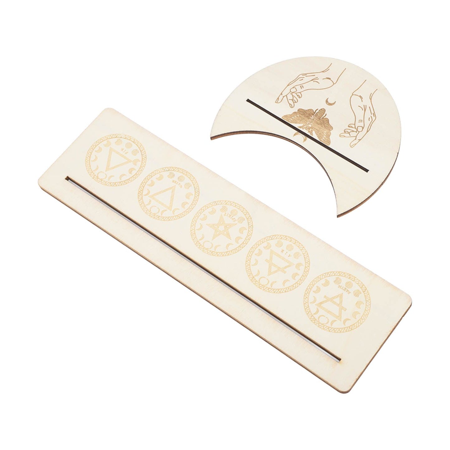2 Pieces Wooden Tarot Card Stand Holder Stable Moon Shape and Rectangle Wooden Tarot Card Display Stand Base Type A