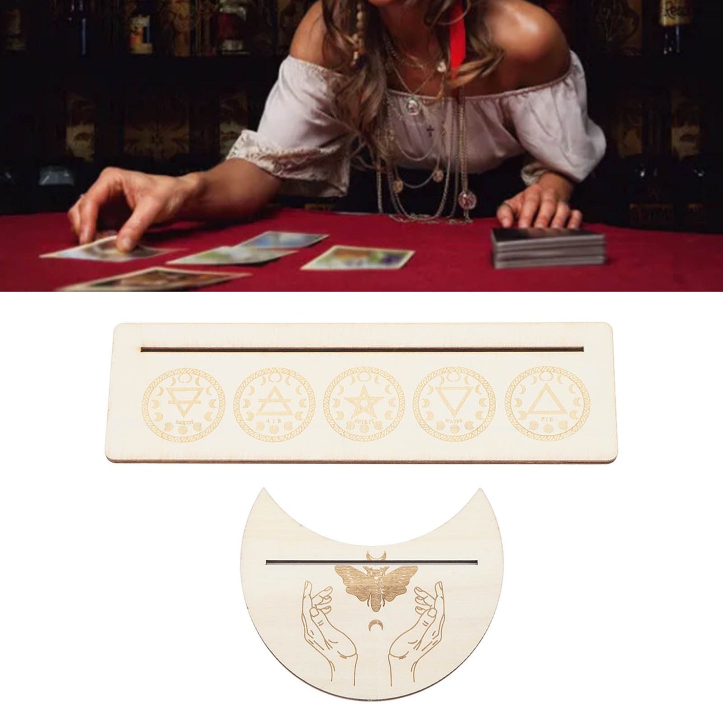 2 Pieces Wooden Tarot Card Stand Holder Stable Moon Shape and Rectangle Wooden Tarot Card Display Stand Base Type A