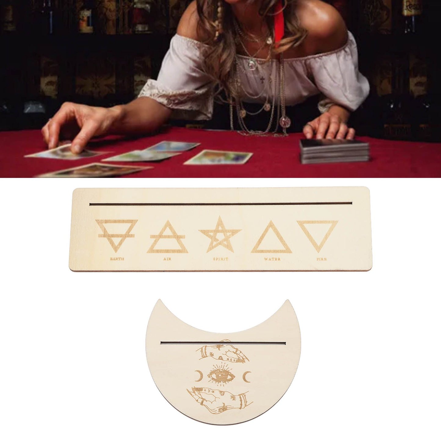 2 Pieces Wooden Tarot Card Stand Holder Stable Moon Shape and Rectangle Wooden Tarot Card Display Stand Base Type B