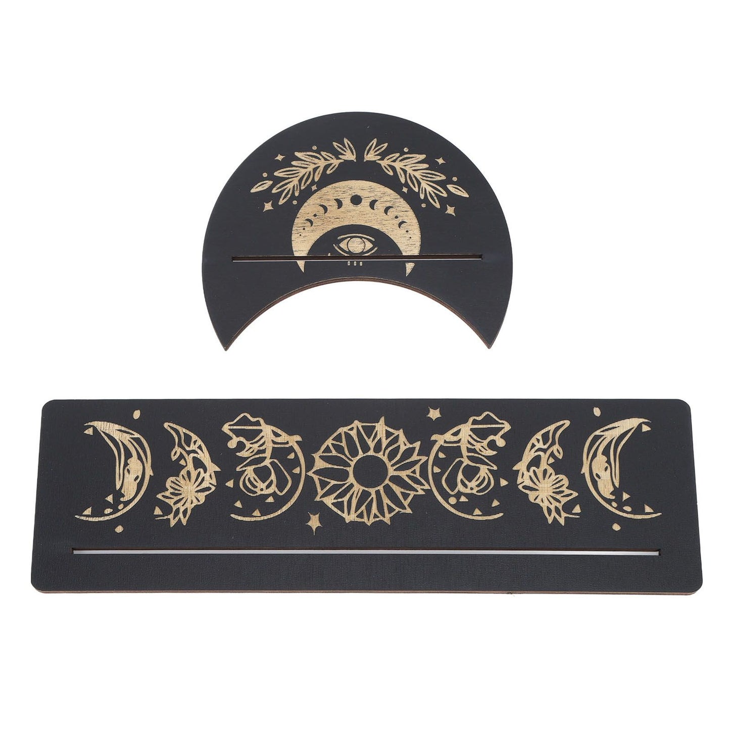 2 Pieces Wooden Tarot Card Stand Holder Moon Shape and Rectangle Wooden Tarot Card Display Stand Base Black Type A