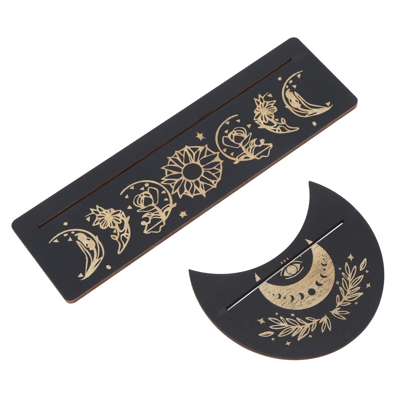 2 Pieces Wooden Tarot Card Stand Holder Moon Shape and Rectangle Wooden Tarot Card Display Stand Base Black Type A